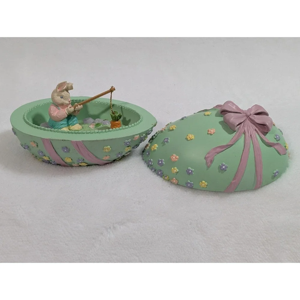 Vintage 90s Easter Egg Bunny Fishing Figurine Pastel Bow Knick Knack Decor Opens